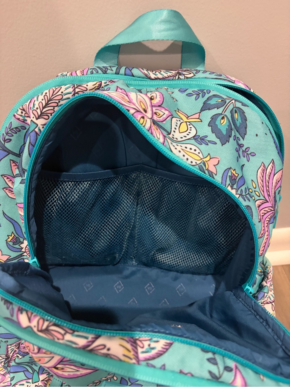 Vera Bradley Teal Floral Pattern Backpack with Pink Accents - Picture 3 of 5